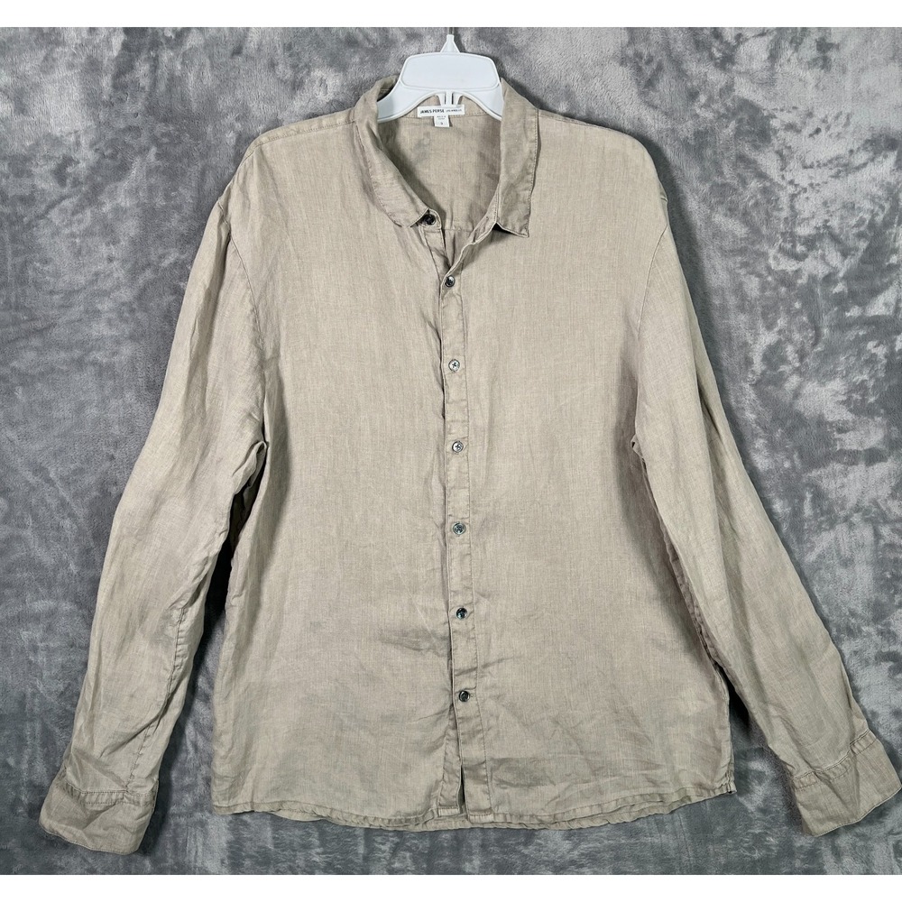 James Perse 100% Linen Button Up Shirt Mens Large 3 Beige Khaki Long Sleeve